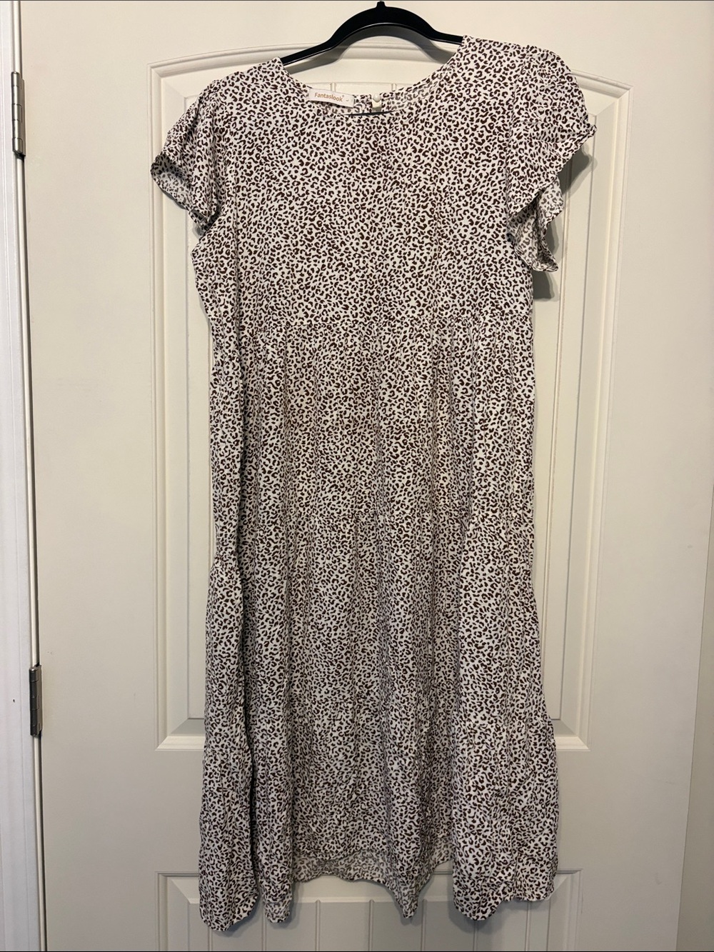 Brown and Cream Leopard Print Midi Dress with Short Sleeves - Picture 2 of 6